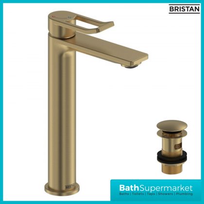 Saffron Eco Start Brushed Brass Tall Basin Mixer Tap With Clicker Waste