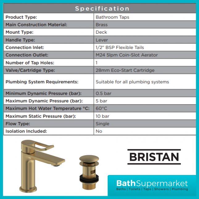 Bristan Saffron Brushed Brass Eco Start Small Basin Mixer Tap With Clicker Waste