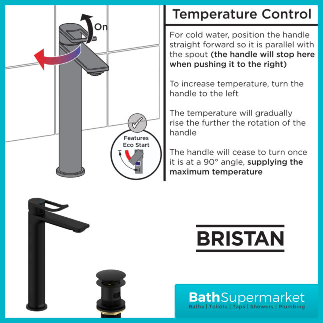 Saffron Eco Start Matt Black Tall Basin Mixer Tap With Clicker Waste
