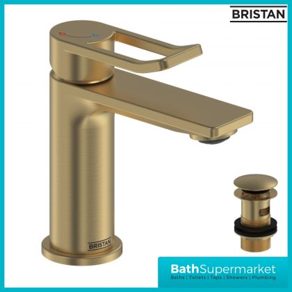 Bristan Saffron Brushed Brass Eco Start Mono Basin Mixer Tap With Clicker Waste