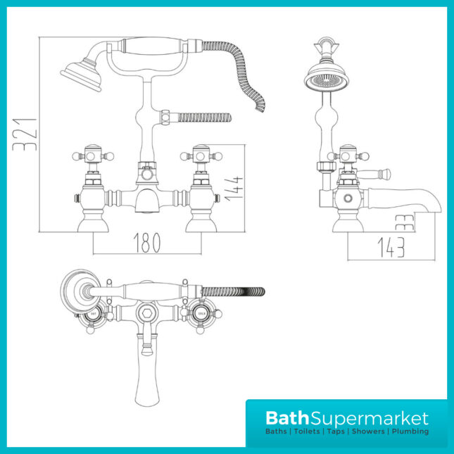 Russeldene & Marie Traditional Chrome Bath Shower Mixer Tap Black Handle Cradle Kit