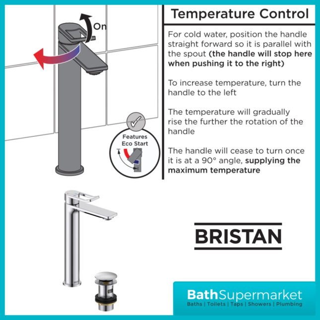 Bristan Saffron Eco Start Polished Chrome Tall Basin Mixer Tap With Clicker Waste