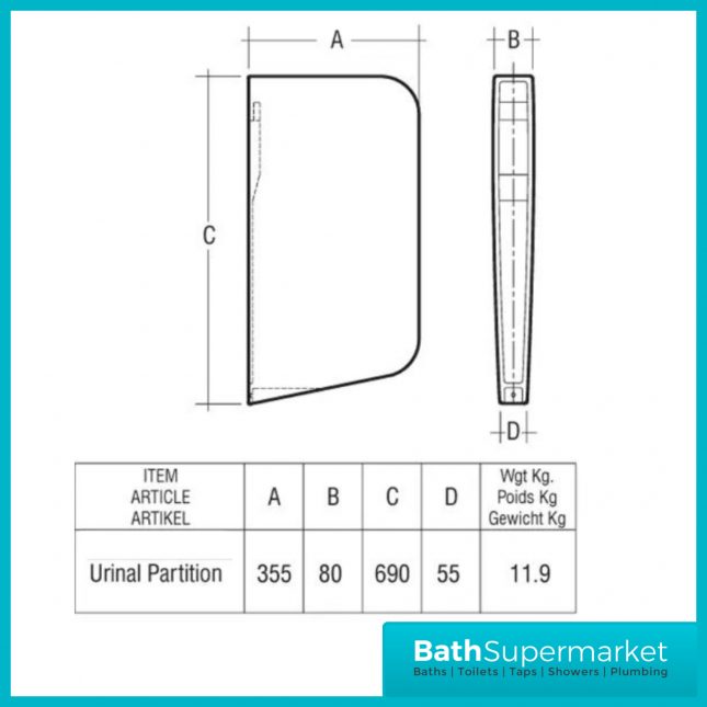 Rak White Wall Hung Deluxe Partition Divider Panel For Urinal