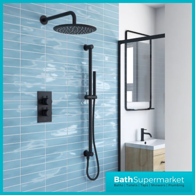 Knurled Black Round Wall Mounted Concealed Thermostatic Valve Riser Shower Kit