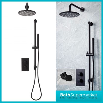 Knurled Black Round Wall Mounted Concealed Thermostatic Valve Riser Shower Kit