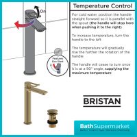Saffron Eco Start Brushed Brass Tall Basin Mixer Tap With Clicker Waste