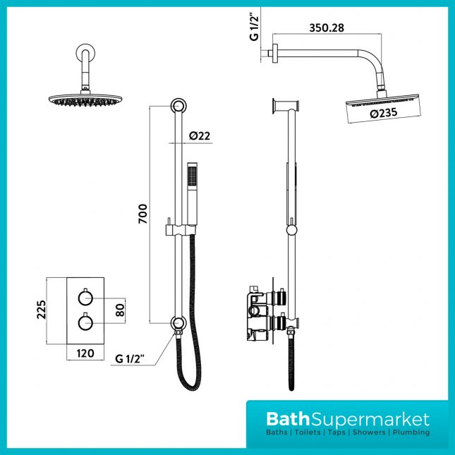 Knurled Brushed Brass Round Concealed Thermostatic Valve, Fixed Head & Shower Riser Rail Kit - Image 9
