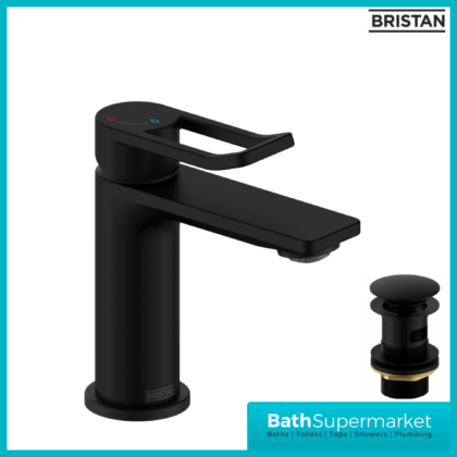 Bristan Saffron Matt Black Eco Start Small Mini Basin Mixer Tap With Clicker Waste