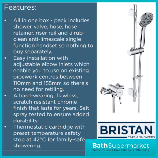 Bristan Acute2 Chrome Thermostatic Exposed Mini Valve Adjustable Riser Rail Shower Kit