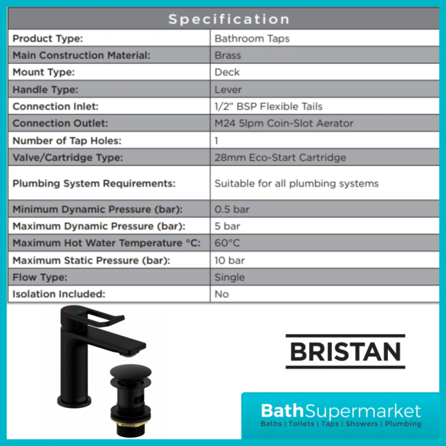 Bristan Saffron Matt Black Eco Start Small Mini Basin Mixer Tap With Clicker Waste - Image 8