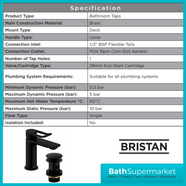 Bristan Saffron Matt Black Eco Start Mono Basin Mixer Tap With Clicker Waste - Image 8