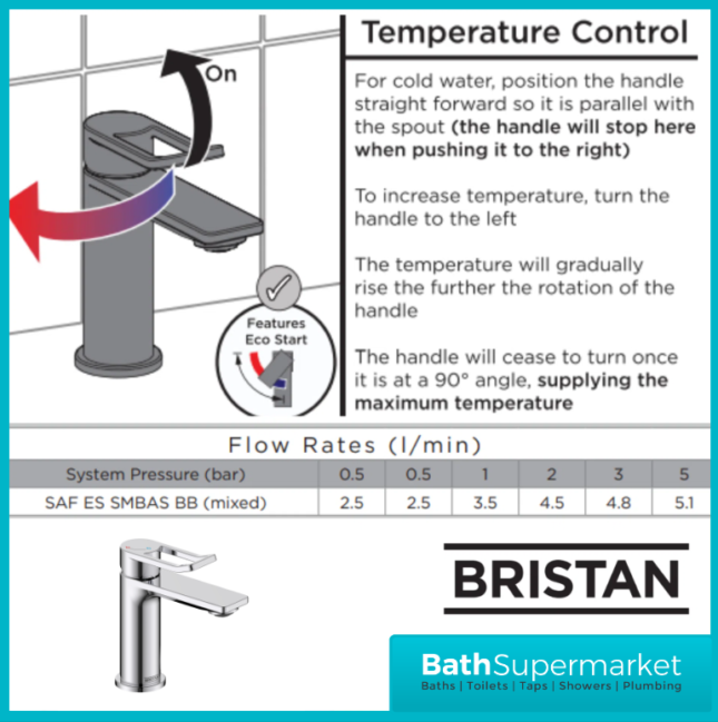 Bristan Saffron Polished Chrome Eco Start Mono Basin Mixer Tap With Clicker Waste