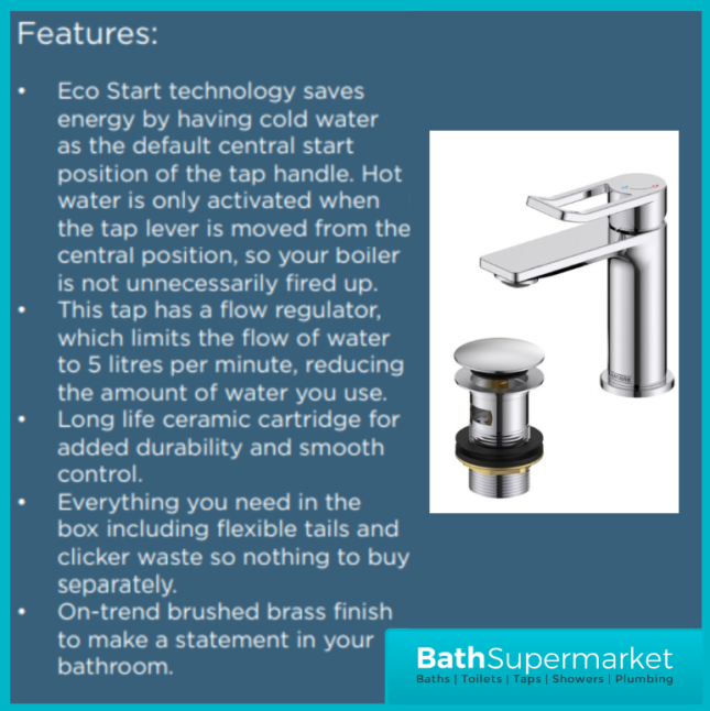 Bristan Saffron Polished Chrome Eco Start Mono Basin Mixer Tap With Clicker Waste - Image 9
