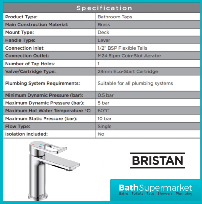 Bristan Saffron Polished Chrome Eco Start Mono Basin Mixer Tap With Clicker Waste - Image 11