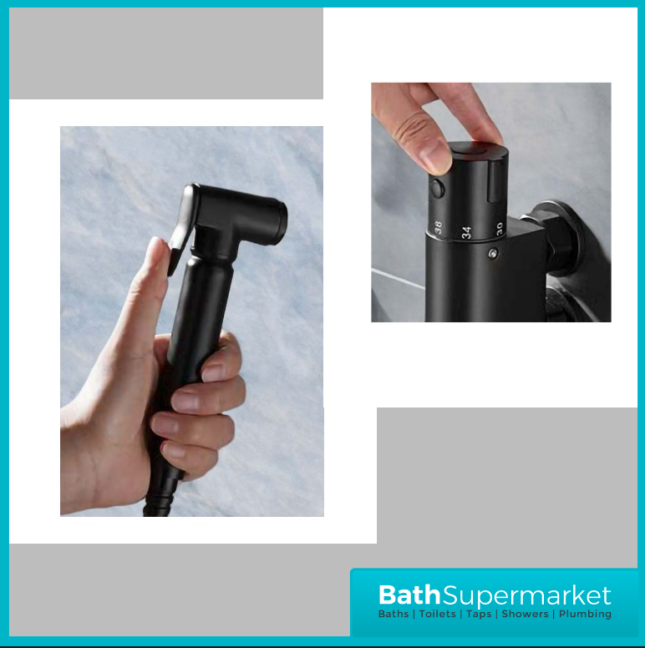 Sognare Matt Black Round Douche Thermostatic Vertical Bar Valve Bidet Shower Handset Spray Kit