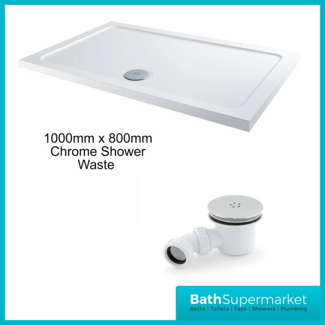 Shires White Rectangular Slim Height Shower Tray With Chrome Waste 1200mm x Various Widths