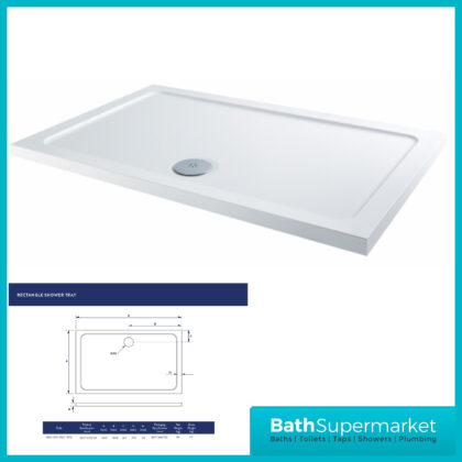 Shires White Rectangular Slim Height Shower Tray With Chrome Waste 1400mm x Various Widths