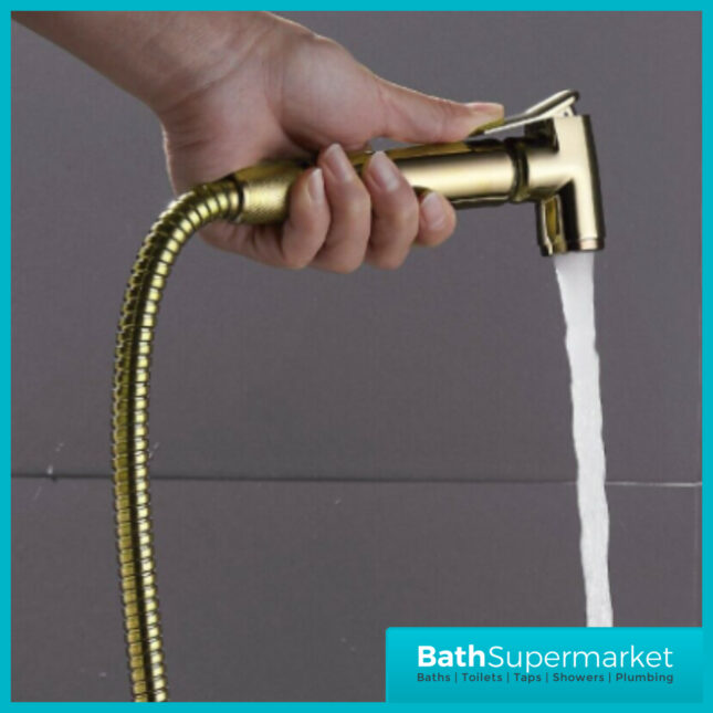 Sognare Brushed Brass Round Douche Shower Handset Flexi Hose Holder & Outlet Elbow Mixer Kit
