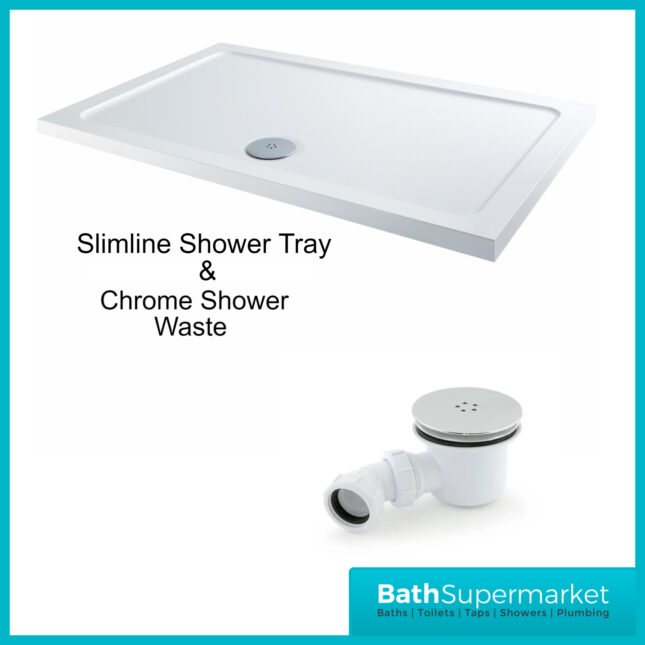 Shires White Rectangular Slim Height Shower Tray With Chrome Waste 1700mm x Various Widths