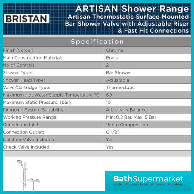 Bristan Artisan Chrome Thermostatic Bar Valve Multi Function Riser Rail Handset Shower