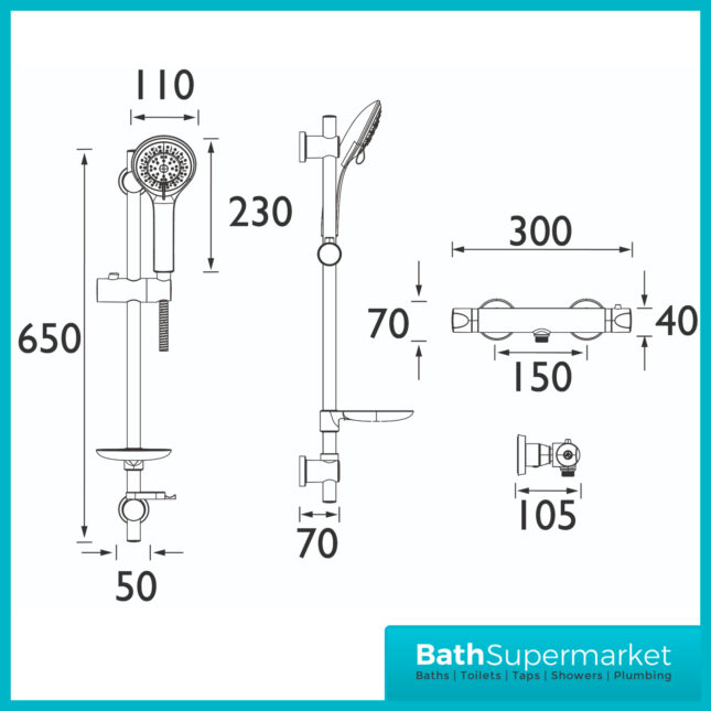 Bristan Artisan Chrome Thermostatic Bar Valve Multi Function Riser Rail Handset Shower