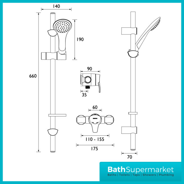 Bristan Capri Chrome Thermostatic Exposed Mini Valve Adjustable Riser Rail Shower Kit