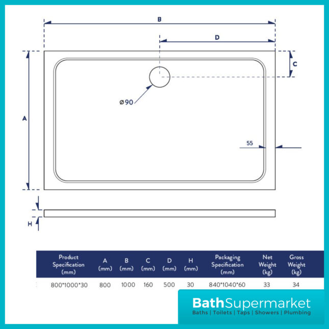 Shires White Rectangular Shower Tray 1000mm x 800mm With Chrome Waste - Slim 30mm High