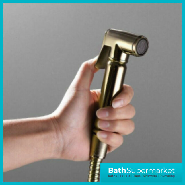 Sognare Brushed Brass Round Douche Shower Handset Flexi Hose Holder & Outlet Elbow Mixer Kit
