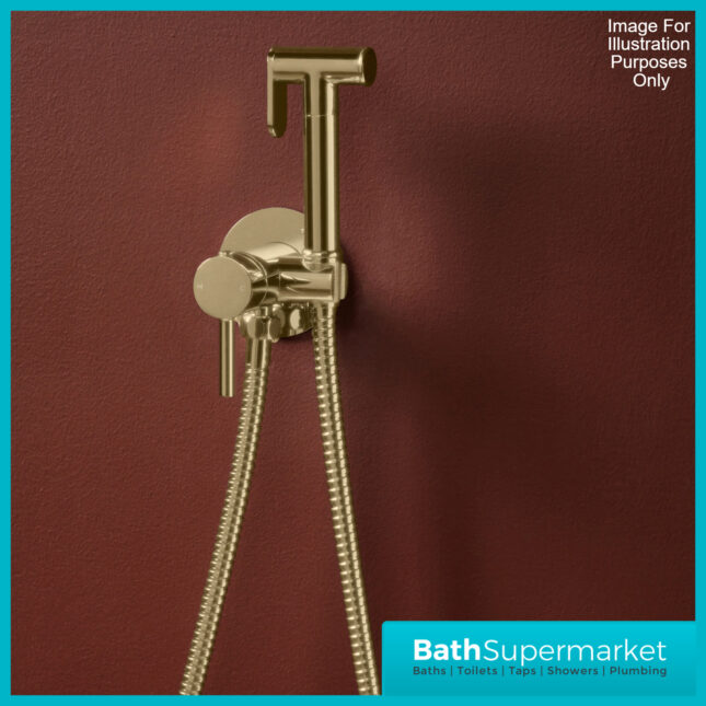 Sognare Brushed Brass Round Douche Shower Handset Flexi Hose Holder & Outlet Elbow Mixer Kit