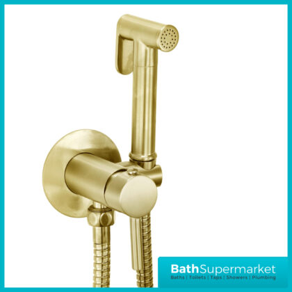 Sognare Brushed Brass Round Douche Shower Handset Flexi Hose Holder & Outlet Elbow Mixer Kit