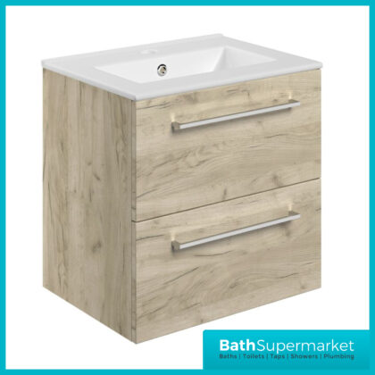 AquaVolere Viola Oak Wall Hung 2 Drawer Vanity Unit 510mm & Basin