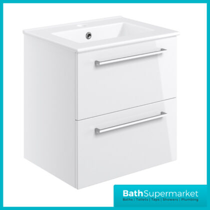 AquaVolere Viola White Gloss Wall Hung 2 Drawer Vanity Unit 510mm & Basin