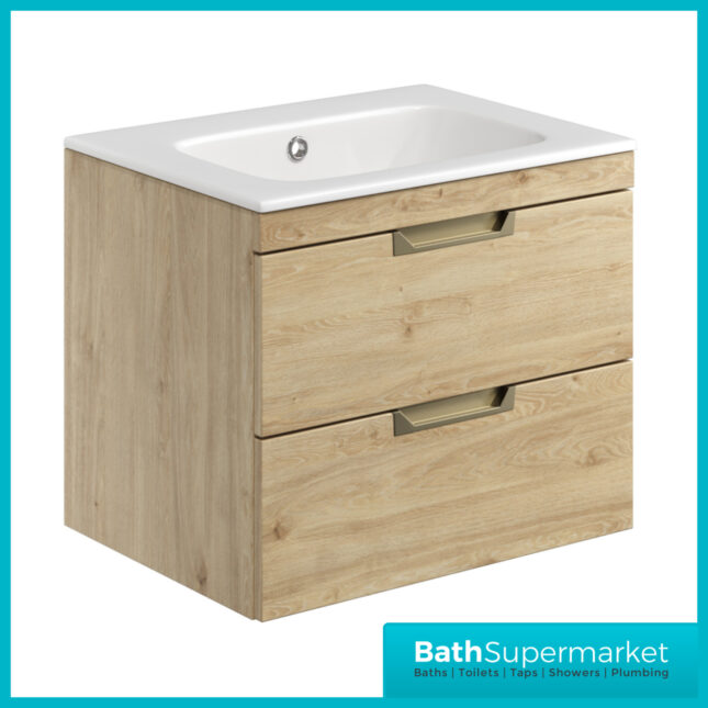 Sognare Aubrey Oak 2 Drawer Vanity Unit Cabinet 600mm With Basin