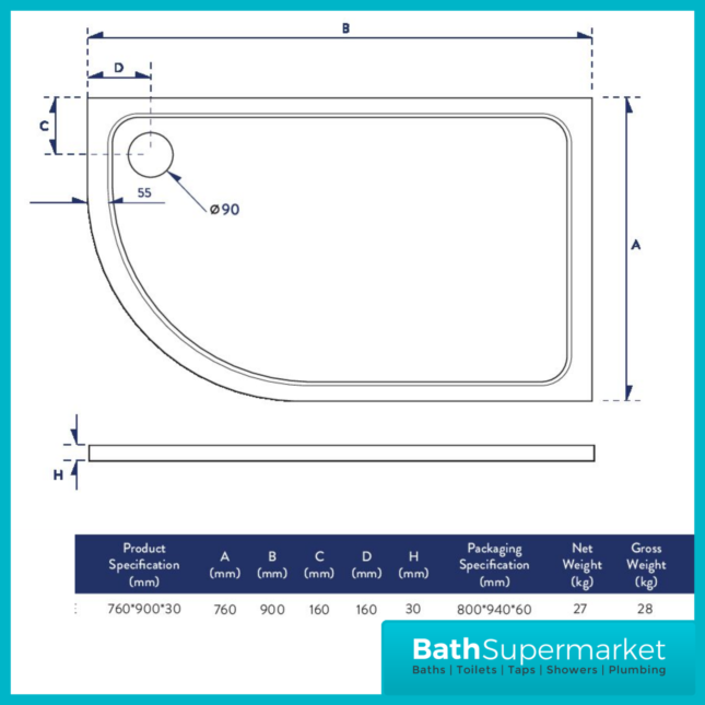 Shires Offset Quadrant Shower Tray With Waste 900mm x 760mm Left & Right Handed