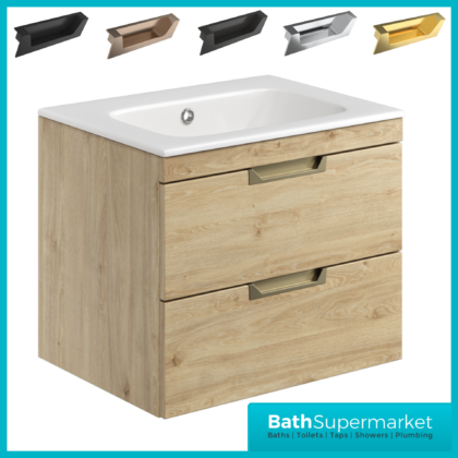 Sognare Aubrey Oak Wood 2 Drawer Vanity Unit 600mm & Basin - Choice Of Handle Colour