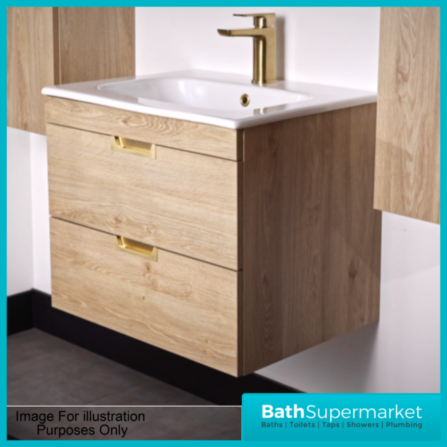 Sognare Aurora Oak Wood 2 Drawer Vanity Unit 600mm & Basin - Choice Of Handle Colour - Image 3