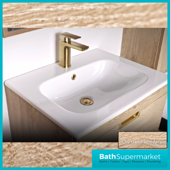 Sognare Aurora Oak Wood 2 Drawer Vanity Unit 600mm & Basin - Choice Of Handle Colour