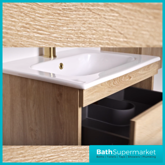Sognare Aurora Oak Wood 2 Drawer Vanity Unit 600mm & Basin – Choice Of Handle Colour
