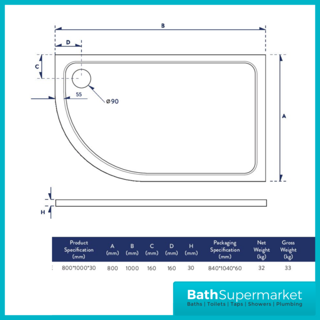 Shires Offset Quadrant Shower Tray With Waste 1000mm x 800mm Left & Right Handed