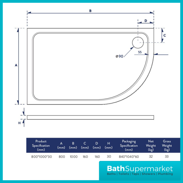 Shires Offset Quadrant Shower Tray With Waste 1000mm x 800mm Left & Right Handed