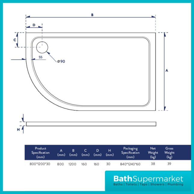 Shires Offset Quadrant Shower Tray With Waste 1200mm x 800mm Left & Right Handed