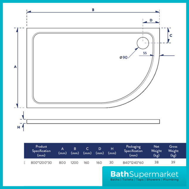 Shires Offset Quadrant Shower Tray With Waste 1200mm x 800mm Left & Right Handed