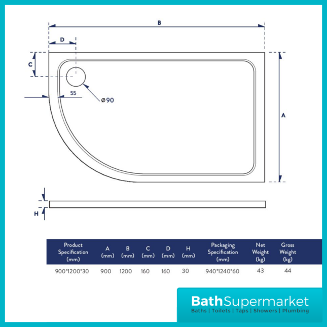 Shires Offset Quadrant Shower Tray With Waste 1200mm x 900mm Left & Right Handed