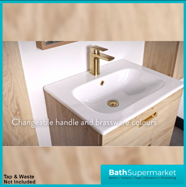 Sognare Aurora Oak Wood 2 Drawer Vanity Unit 600mm & Basin - Choice Of Handle Colour