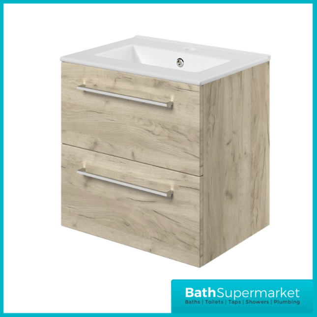 AquaVolere Viola Oak Wall Hung 2 Drawer Vanity Unit 510mm & Basin