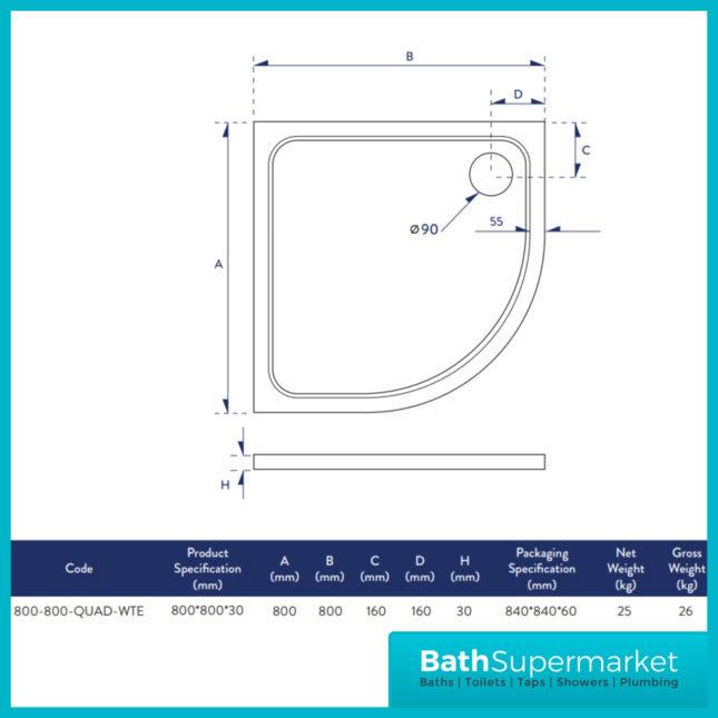 Sognare Shires Low Profile Quadrant Shower Tray 800mm x 800mm