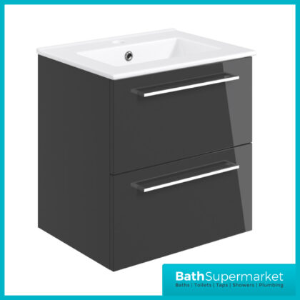 AquaVolere Viola Anthracite Gloss Wall Hung 2 Drawer Vanity Unit 510mm & Basin