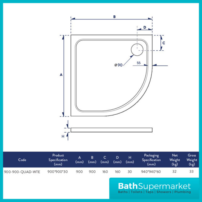 Sognare Shires Low Profile Quadrant Shower Tray 900mm x 900mm
