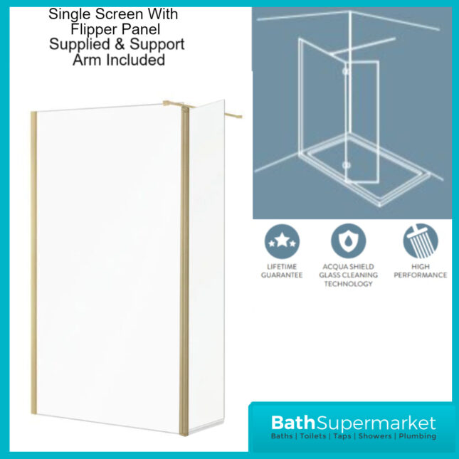 Sognare Brushed Brass Frame 8mm Wetroom Shower Glass Screen With Flipper Panel