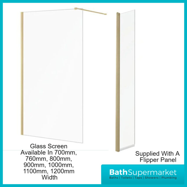 Sognare Brushed Brass Frame 8mm Wetroom Shower Glass Screen With Flipper Panel